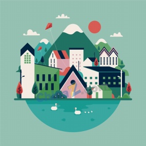 矢量彩绘村庄风景图